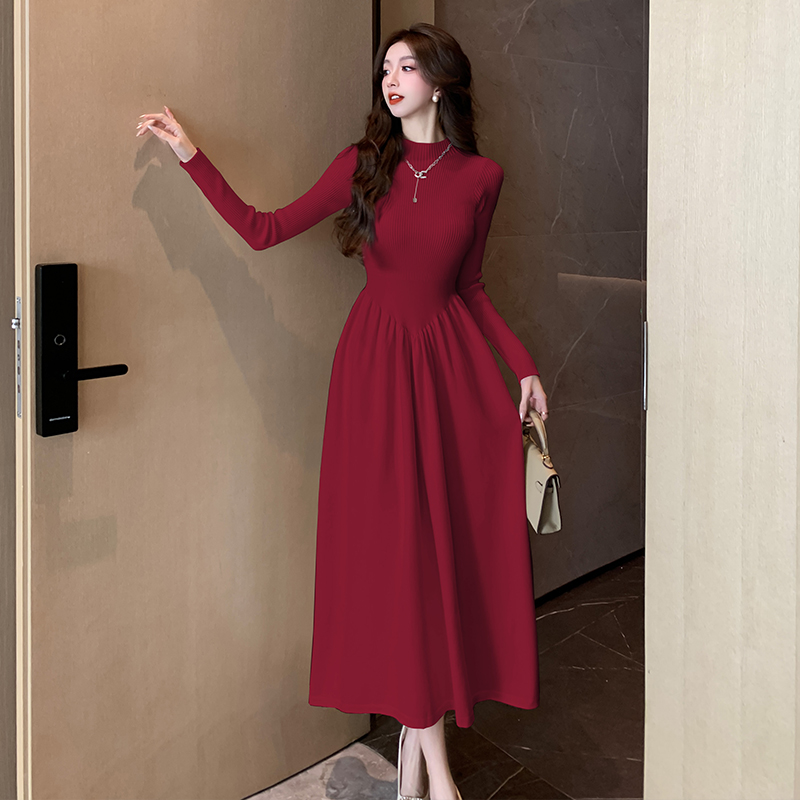 ロングワンピース ニット 上品シルエット リブニットロングワンピース