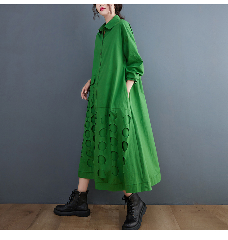 ロングワンピース シャツ 立体円形カットアウト装飾シャツワンピース