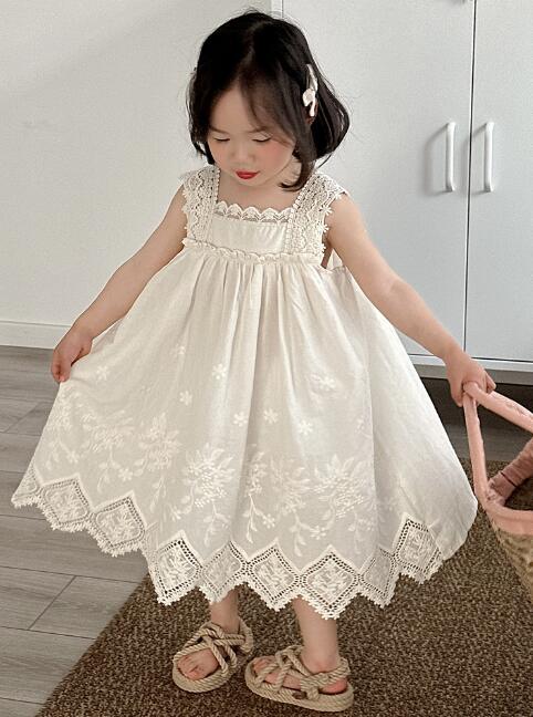 キッズ花柄刺繍ロングワンピース白色レース90-130