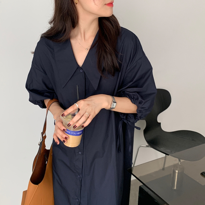 ロングワンピース 七分袖シャツワンピース 韓国風 無地 ゆったり ロング丈