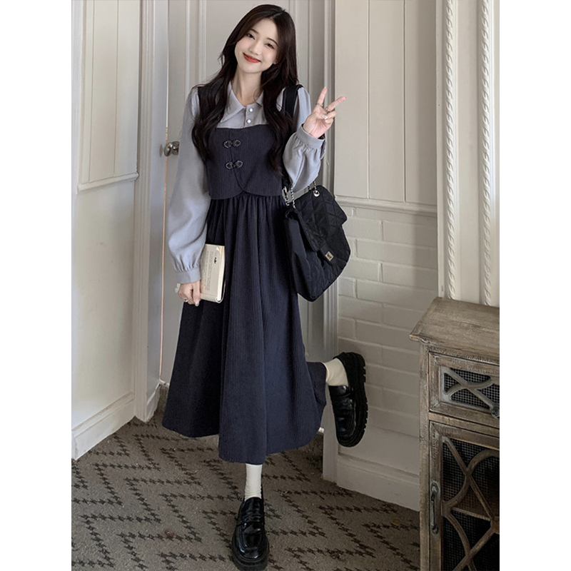 ロングワンピース シャツ ベスト重ね着風長袖シャツロングワンピース