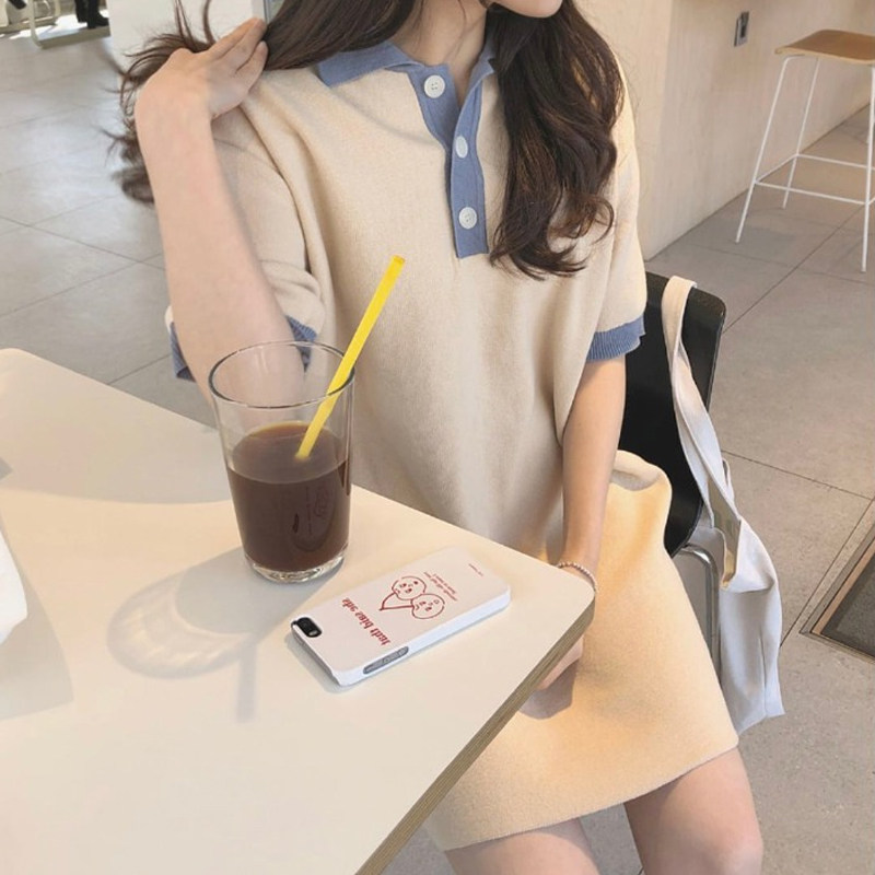 ロングワンピース ポロシャツ 配色襟デザインポロシャツワンピース