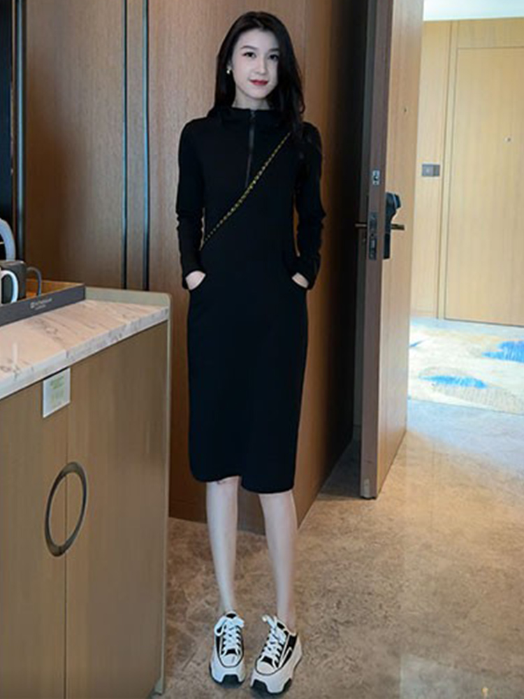 ロングワンピース ニット シンプル襟付きジッパーニットワンピース
