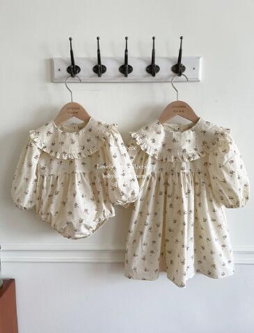 ロングワンピース キッズ女児用花柄長袖身頃つなぎ服二点組