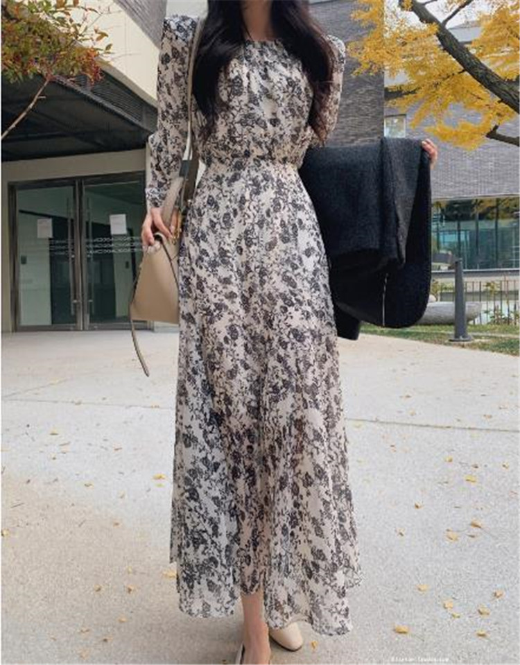 ロングワンピース 花柄マキシワンピース シフォン素材 上品ハイウエスト