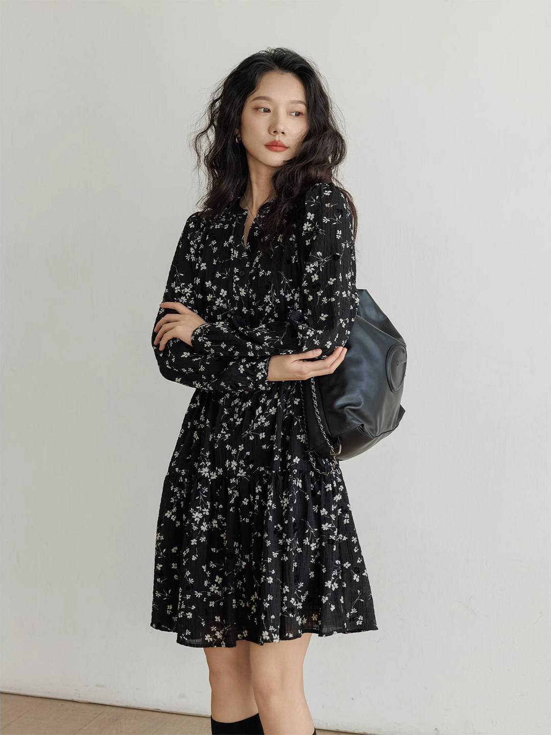 ロングワンピース シャツ 小花柄フロントボタン長袖ワンピース