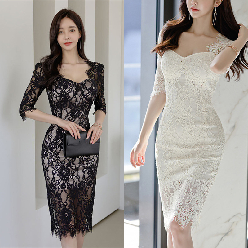 ロングワンピース 総レース花柄フォーマルドレス 五分袖ひざ丈ワンピース 白黒