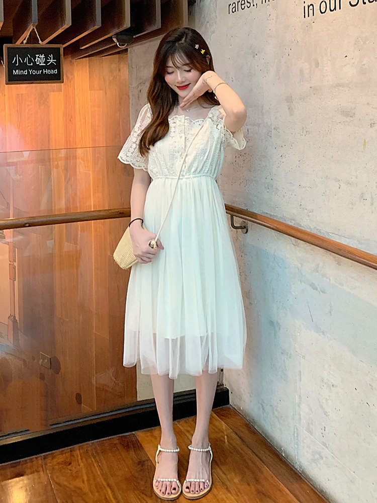 ロングワンピース レース オフショルダーチュール切替レースロングワンピース