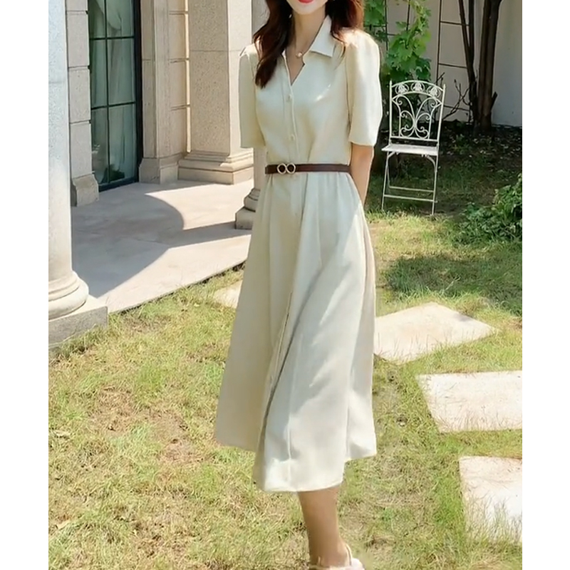 ロングワンピース シャツ 襟付き半袖ベルト付きシャツワンピース