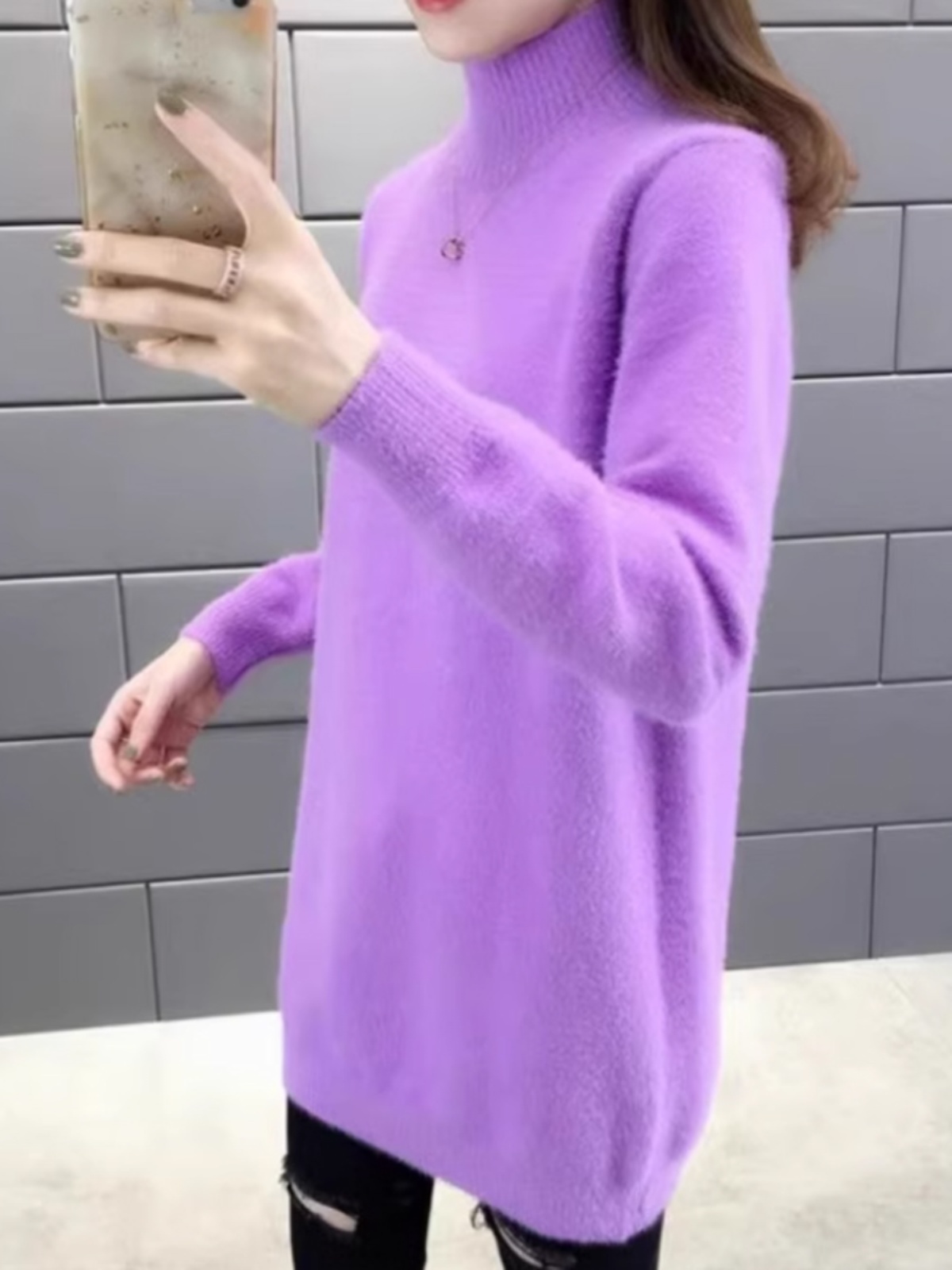 ワンピース ニット ふわもこ袖ゆったりタートルネックワンピース