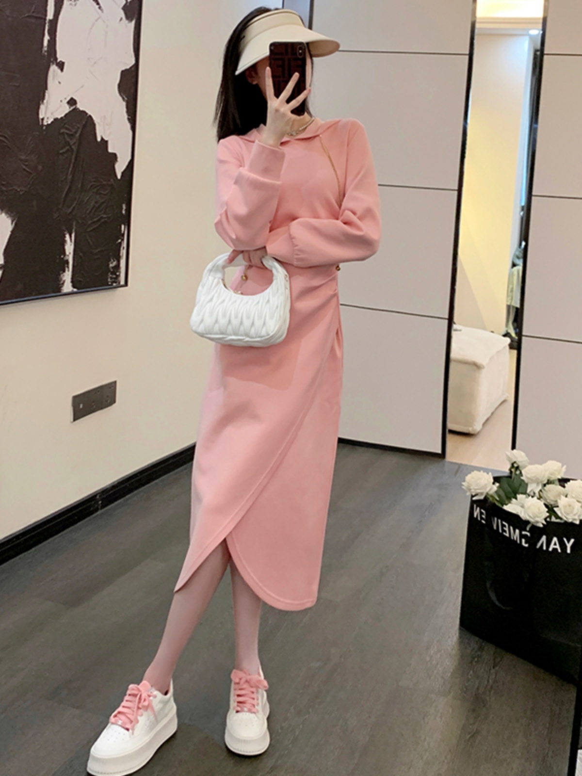 ロングワンピース スウェット 洗練シンプルフーディロングワンピース