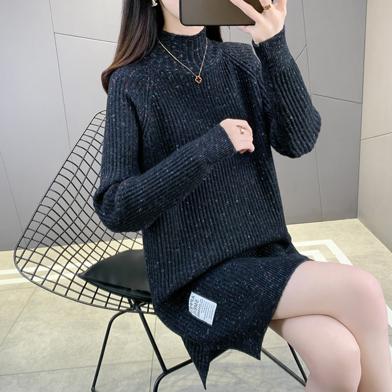 ロングワンピース ニット リブ編み モックネック ミニワンピース