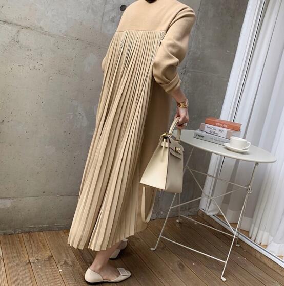 ロングワンピース 春の新生活プリーツ切替仏蘭西風長袖重ね着風一体型服