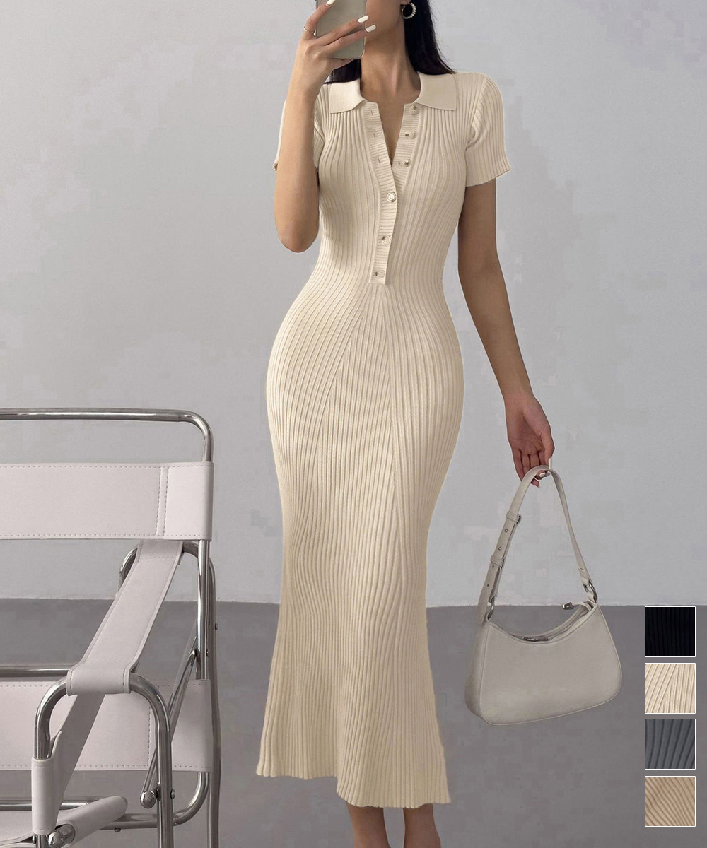 大人可愛いポロシャツ風半袖ロングワンピース