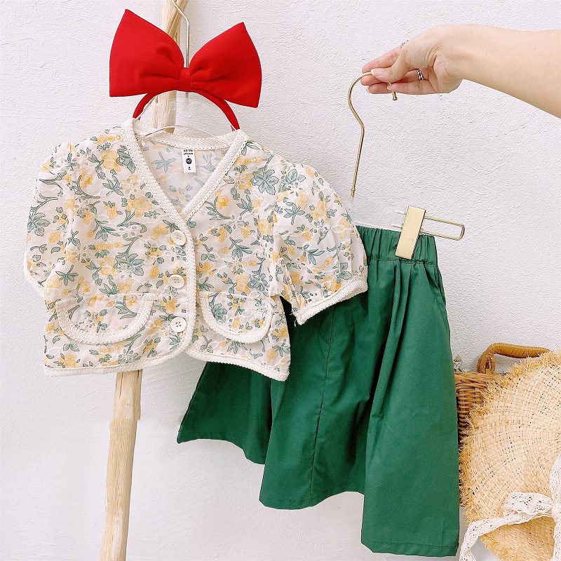 ロングワンピース キッズ女の子花柄刺繍カーディガン緑スカート韓国風二点組