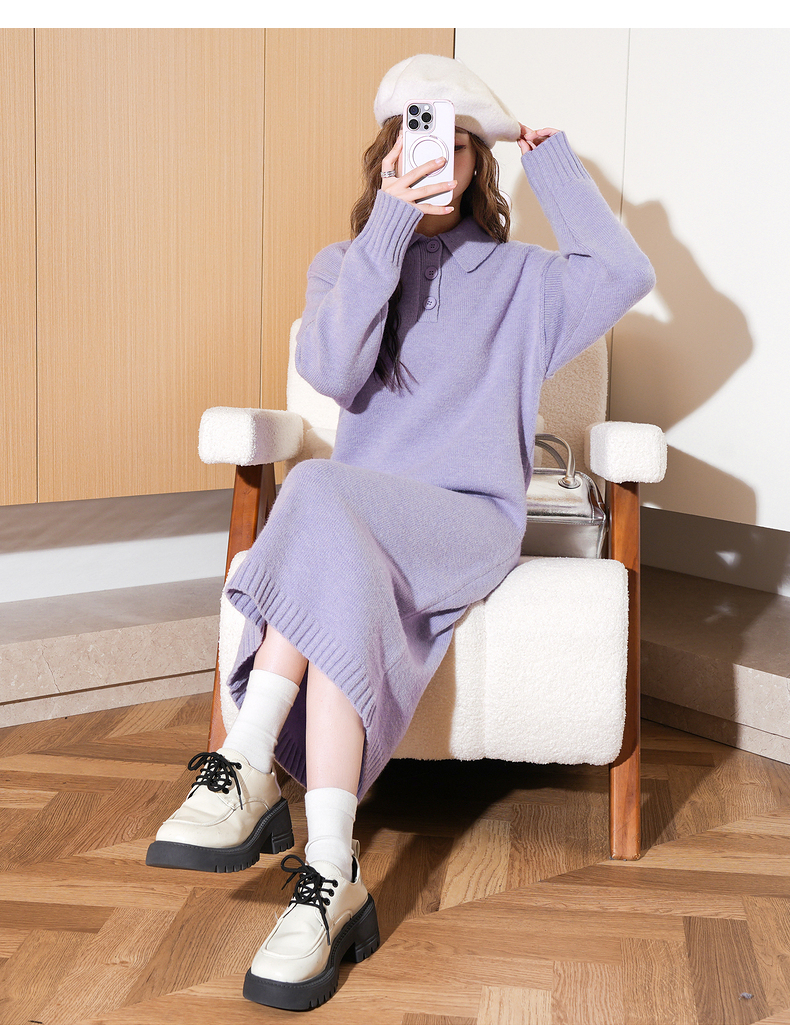 ロングワンピース ニット 襟付きリラックスニットワンピース