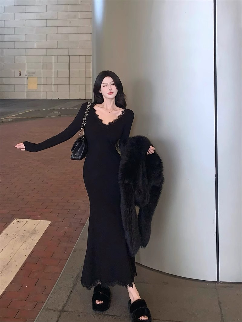 ロングワンピース 優美なレースデコルテマーメイドワンピース