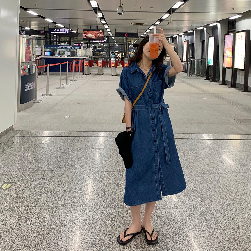 ロングワンピース デニム 半袖襟付きベルト付きミディ丈シャツワンピース