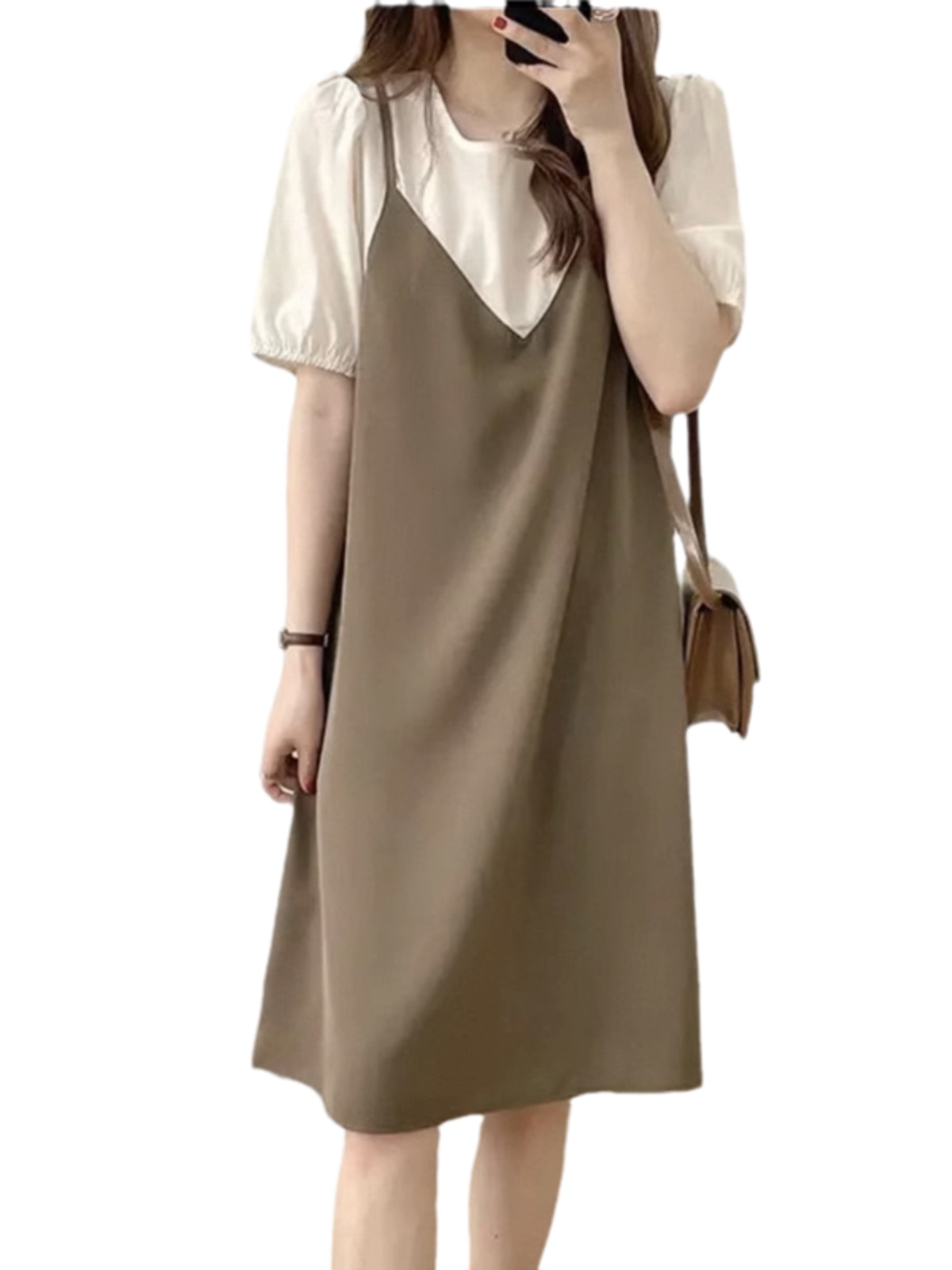 ロングワンピース キャミ 重ね着風細身肩紐ひざ丈ゆったりワンピース