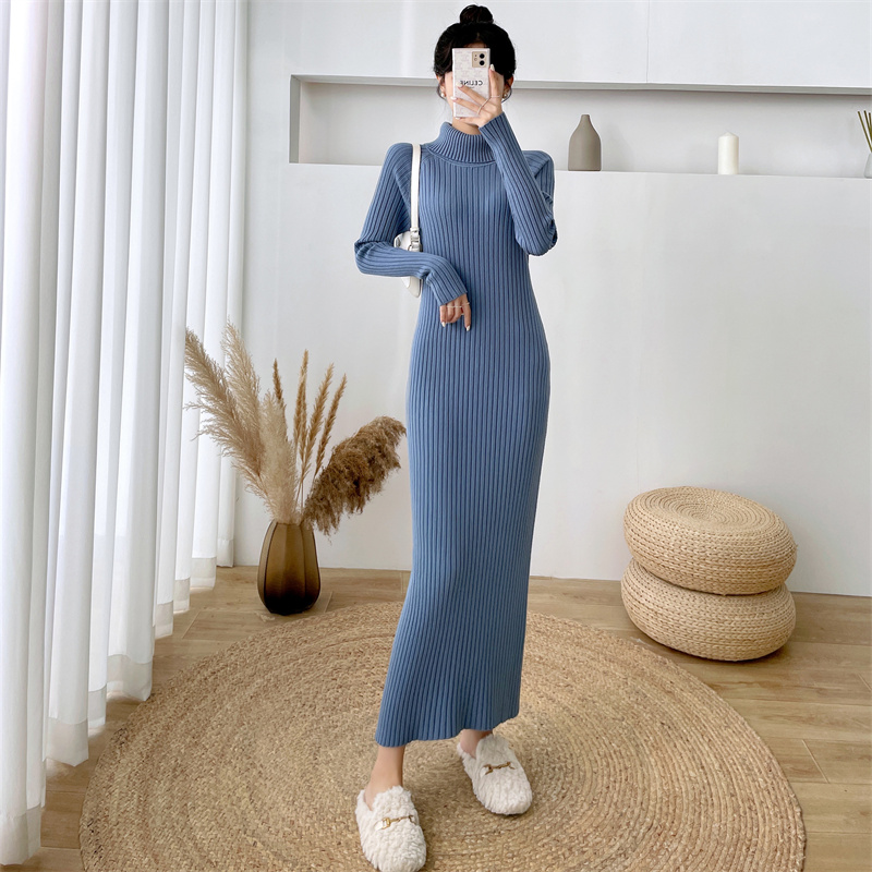 ロングワンピース タートルネック 縦織りリブ編み高襟ロング丈ニットワンピース