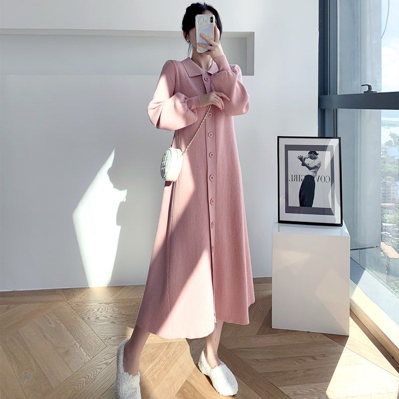 ロングワンピース ポロ 襟付きニットリブ編み長袖前開きロングワンピース