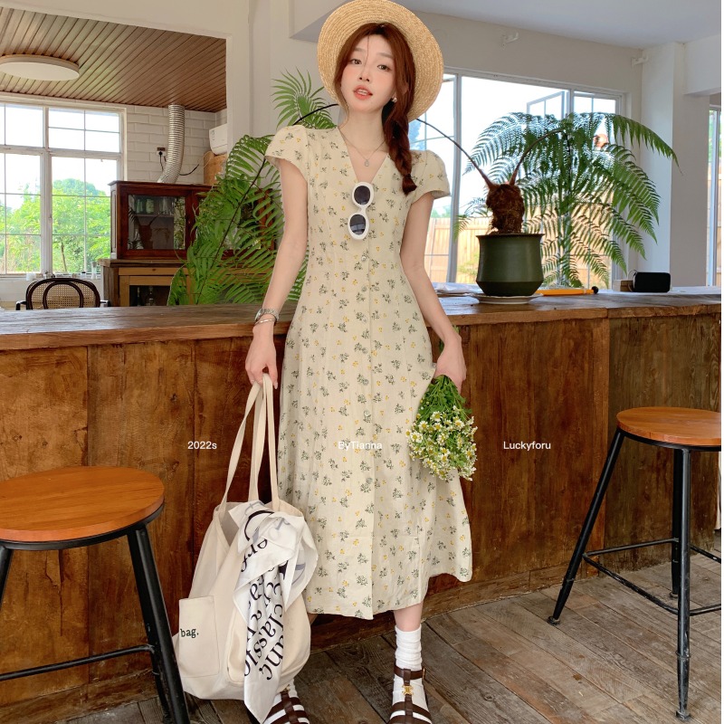 ロングワンピース シャツ 小花柄フロントボタン半袖ロングワンピース