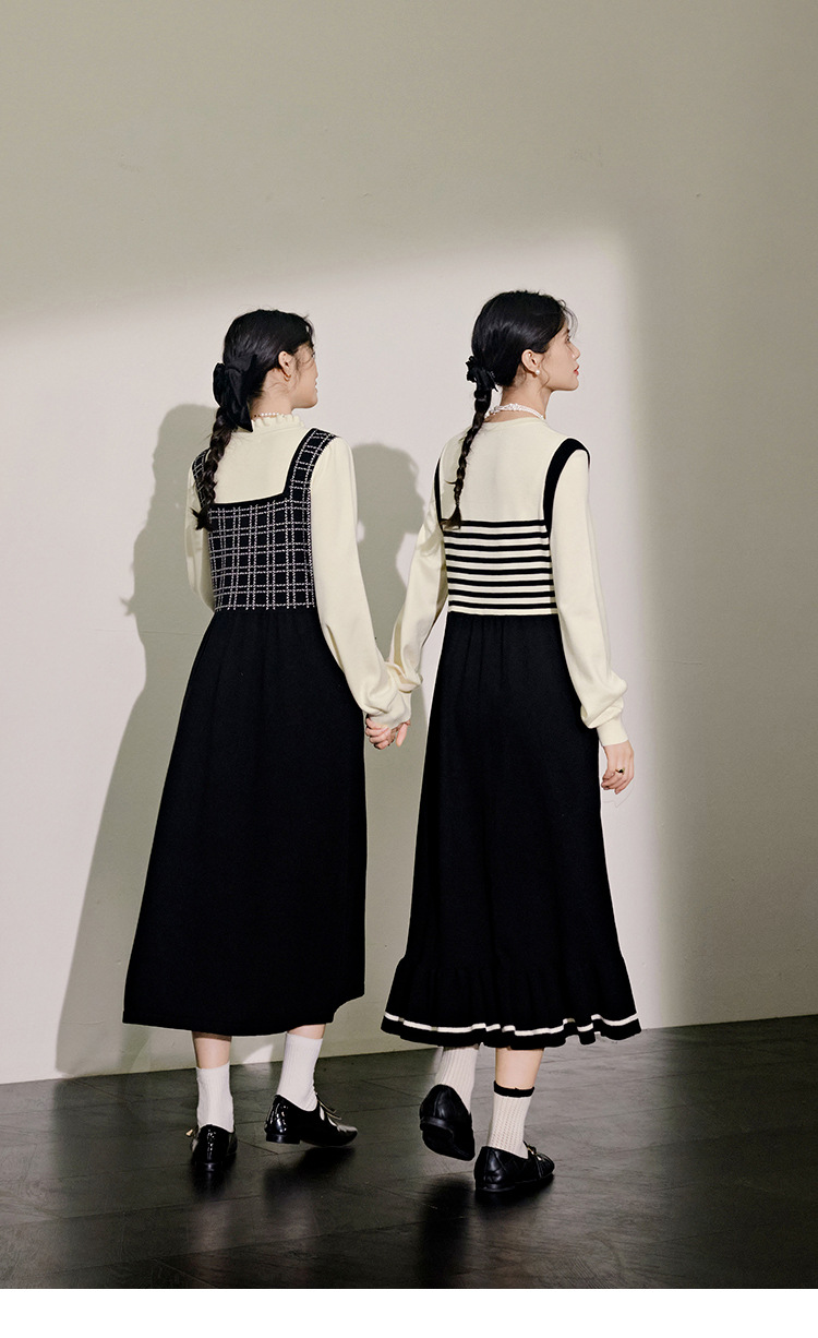 ロングワンピース フリル襟レトロニットワンピース