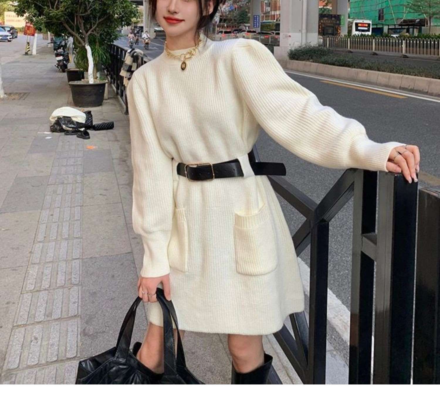 ロングワンピース ゆるふわベルト付きニットワンピース