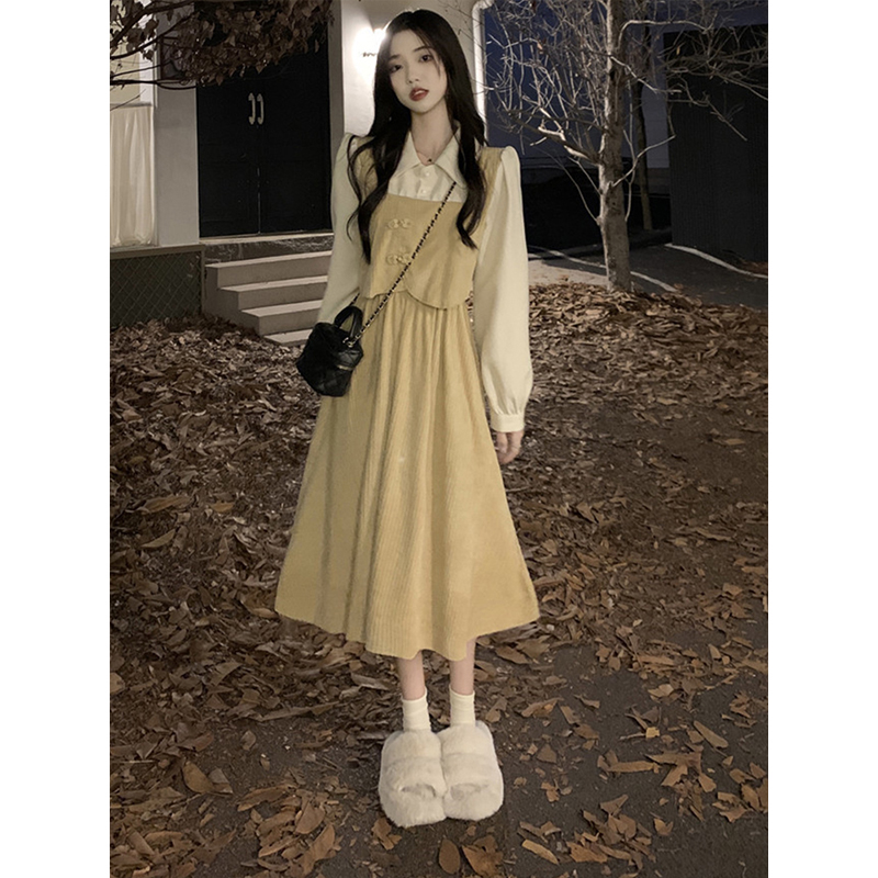 ロングワンピース シャツ ベスト重ね着風長袖シャツロングワンピース