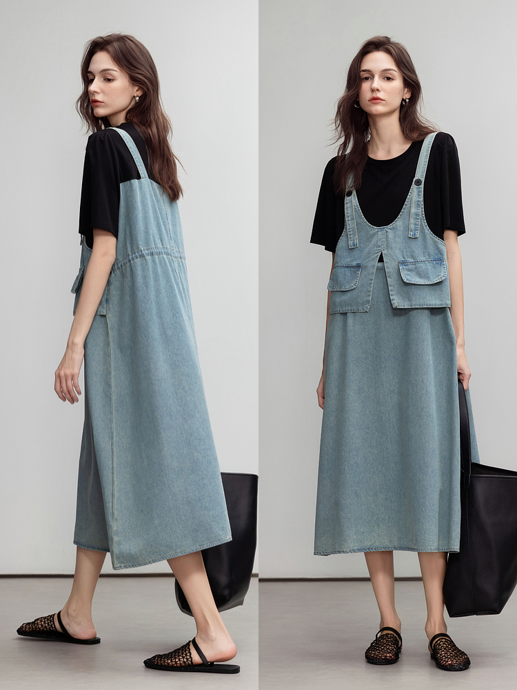 ロングワンピース デニム ポケット付きサロペットロングワンピース