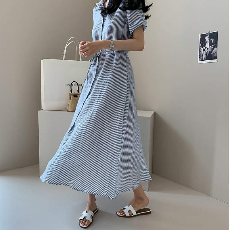 ロングワンピース シャツ 縦縞柄半袖シャツワンピース