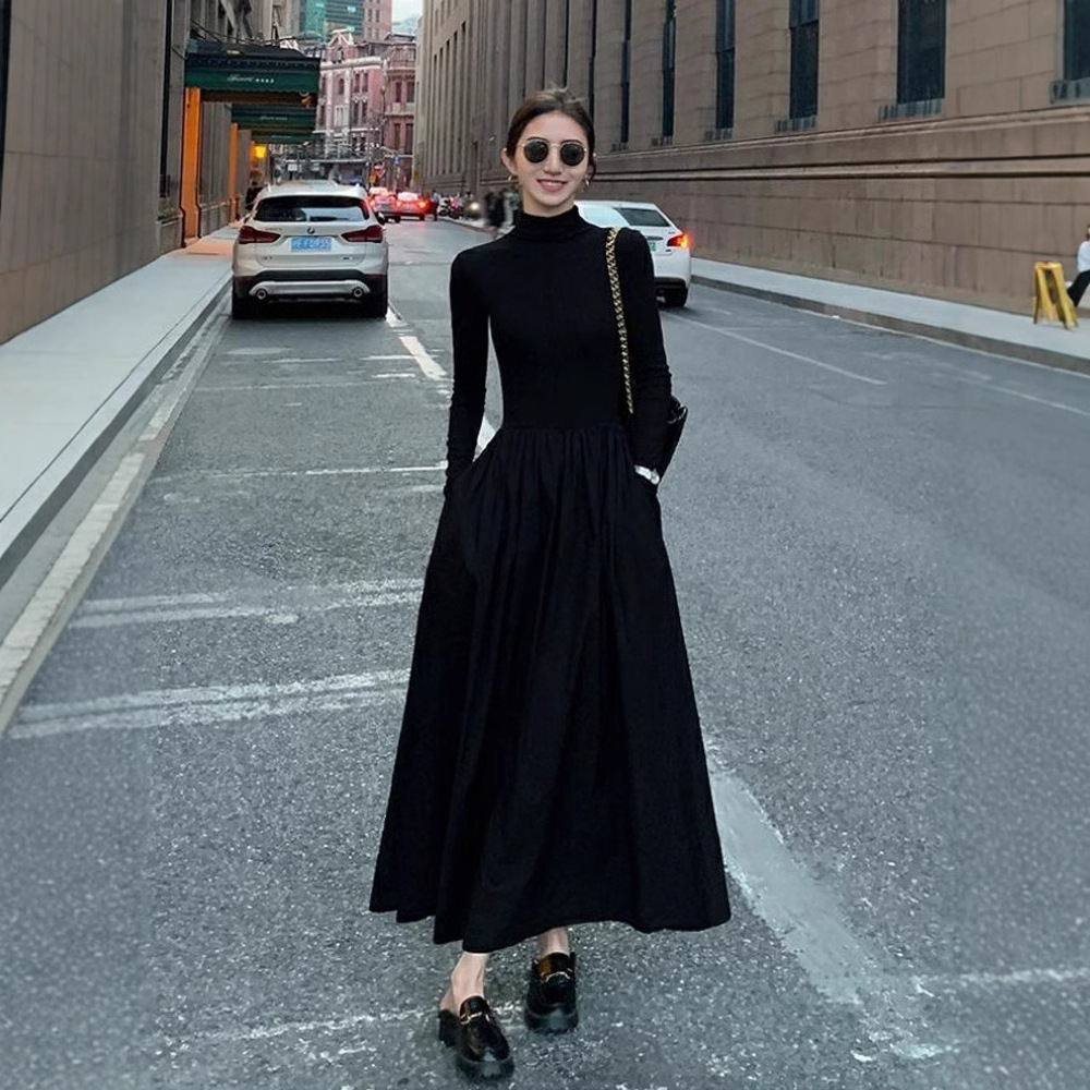 ロングワンピース ハイネックニットロング切替プリンセスワンピース