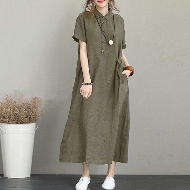 ロングワンピース シャツ 襟付き半袖ゆったりシルエットロングワンピース