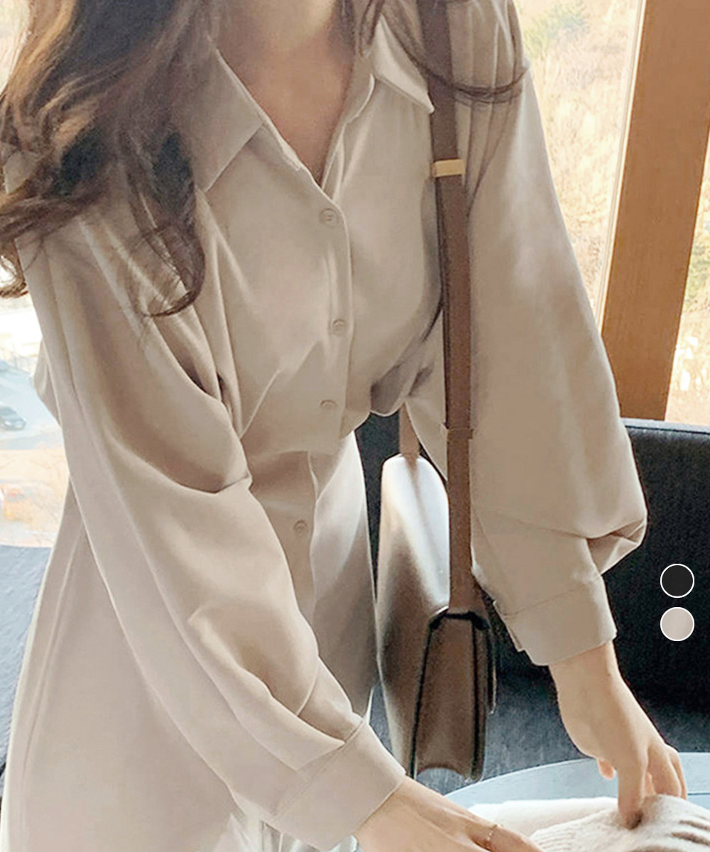 上品シャツ風ロングワンピース ウエストマーク付き