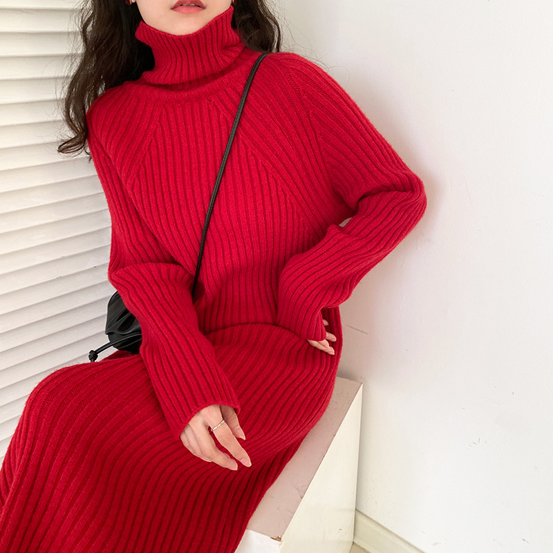 ロングワンピース タートルネック リブ編みニットタートルネックロングワンピース