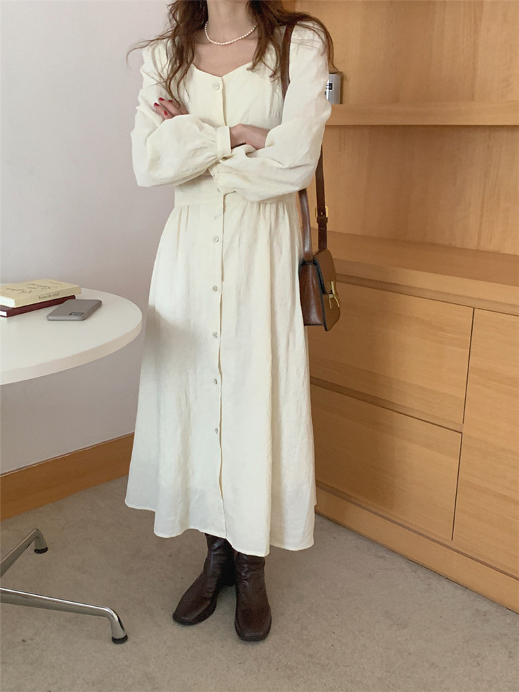 ロングワンピース 秋冬対応 四角襟ボタン留め フレア ロング丈 レトロワンピース