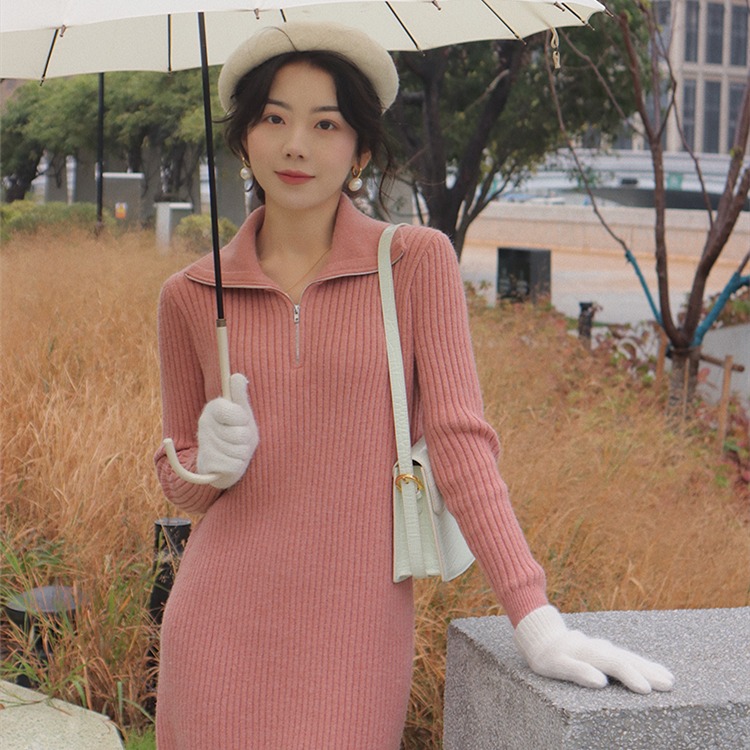 ロングワンピース タートルネック リブ編みタートルネックロングニットワンピース