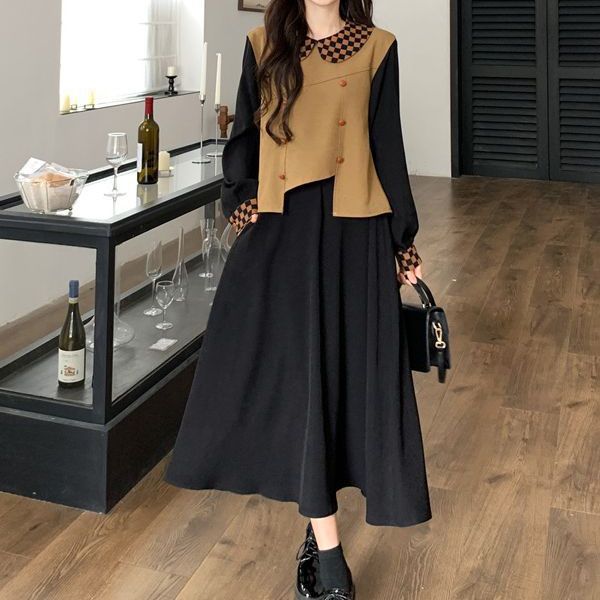 格子柄フレアロングワンピース配色ベスト付き女性服