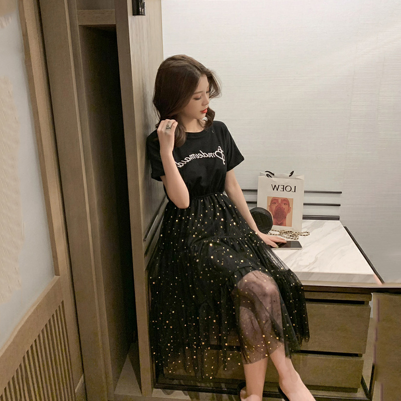 ロングワンピース レース 星空煌めく透け感チュール地ティアード半袖ドレス