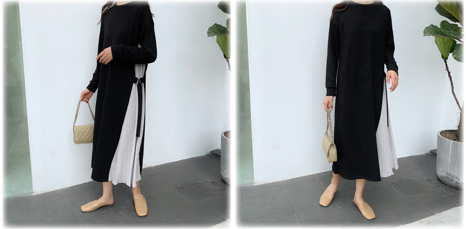 ロングワンピース 大人可愛いサイドプリーツ切り替えロング丈ワンピース