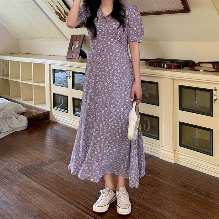 小花柄パフスリーブ襟付きロングワンピース