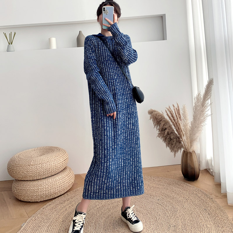 ロングワンピース ニット 縦縞柄リブニットロングワンピース