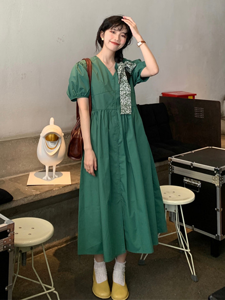 ロングワンピース シャツ 花柄スカーフ付きパフスリーブロングワンピース