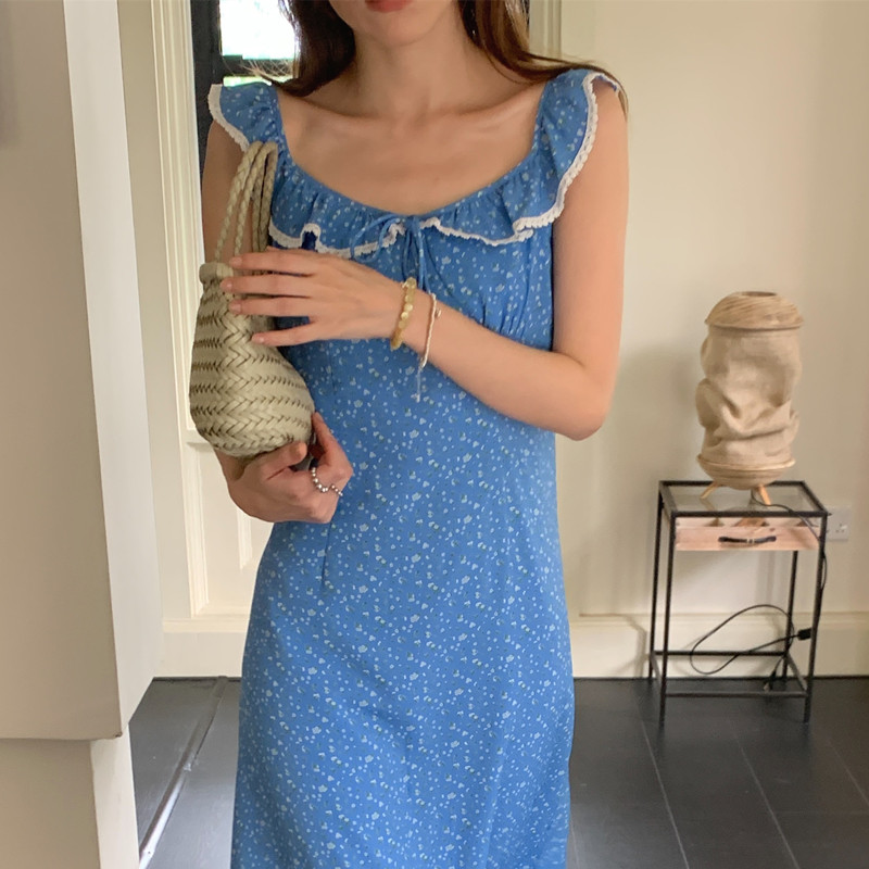 ロングワンピース 韓国風花柄ノースリーブレトロワンピース