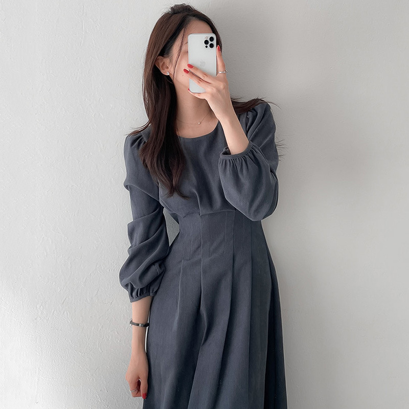 ロングワンピース 秋新作フレアロング丈ワンピース丸首袖ぷっくり上品