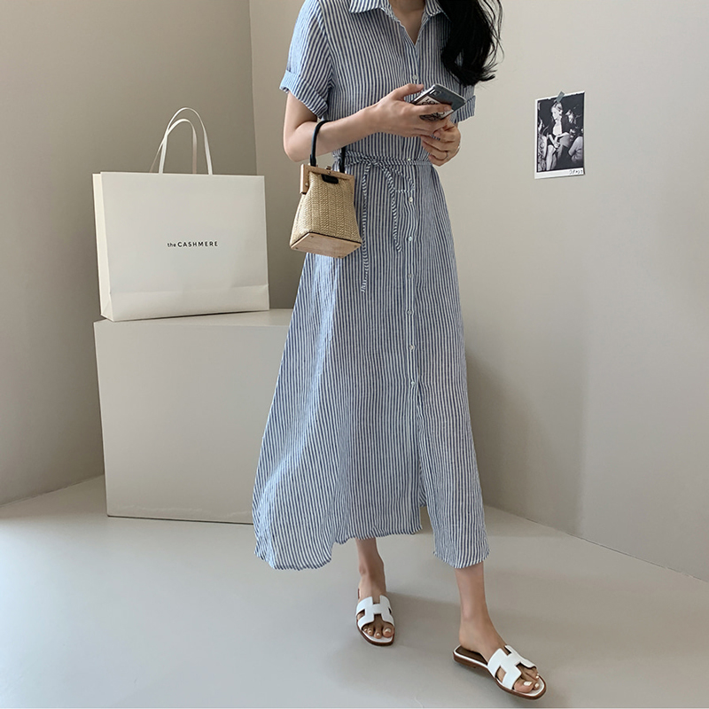 ロングワンピース シャツ 縦縞柄半袖シャツワンピース