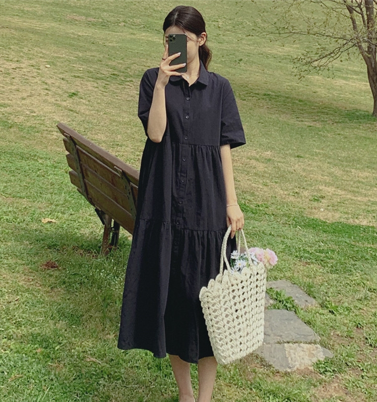 ロングワンピース シャツ ティアード裾広がりシャツワンピース