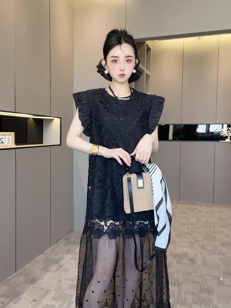 ロングワンピース レース 花柄フリルレースロングワンピース