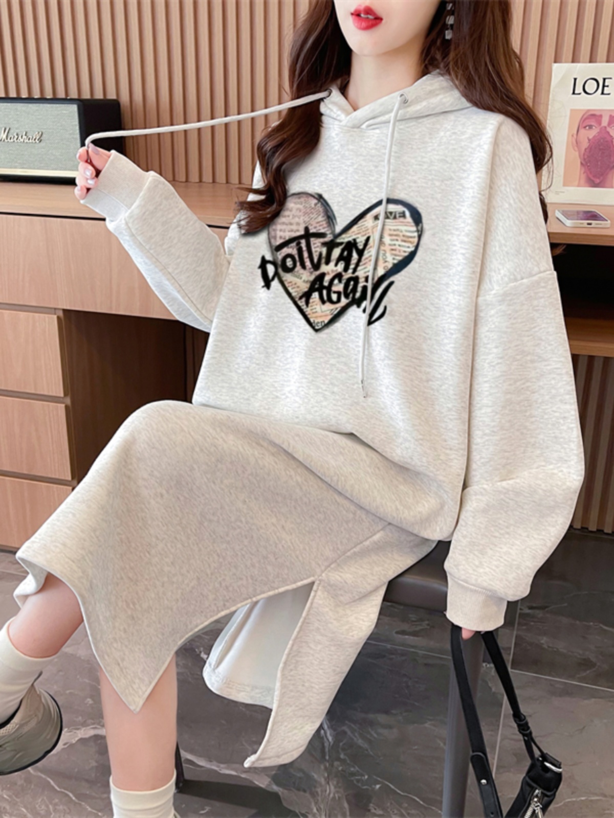 ロングワンピース スウェット ハートロゴ ゆったりパーカーワンピース