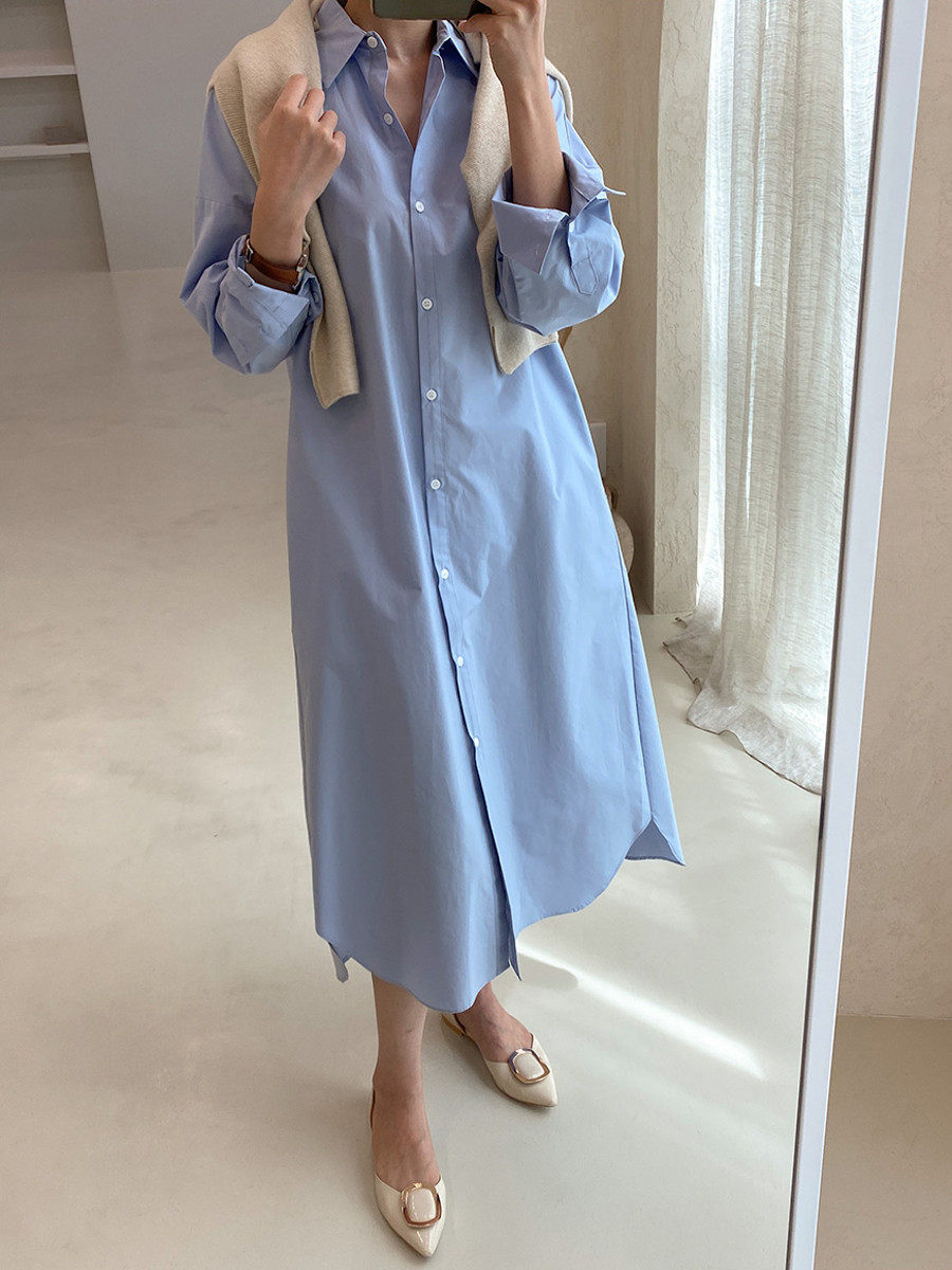 ロングワンピース シャツ 袖リボンデザインウエストマークシャツワンピース